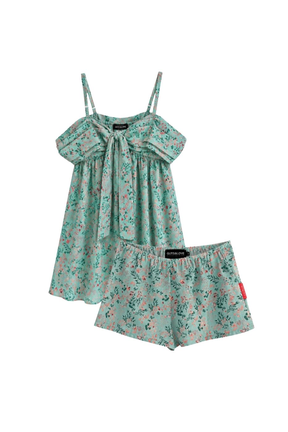 Vestido con estampado floral y fondo verde azulado.